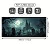 A Halloween cemetery night scene garage door banner - with a full moon and Gothic church designzyc