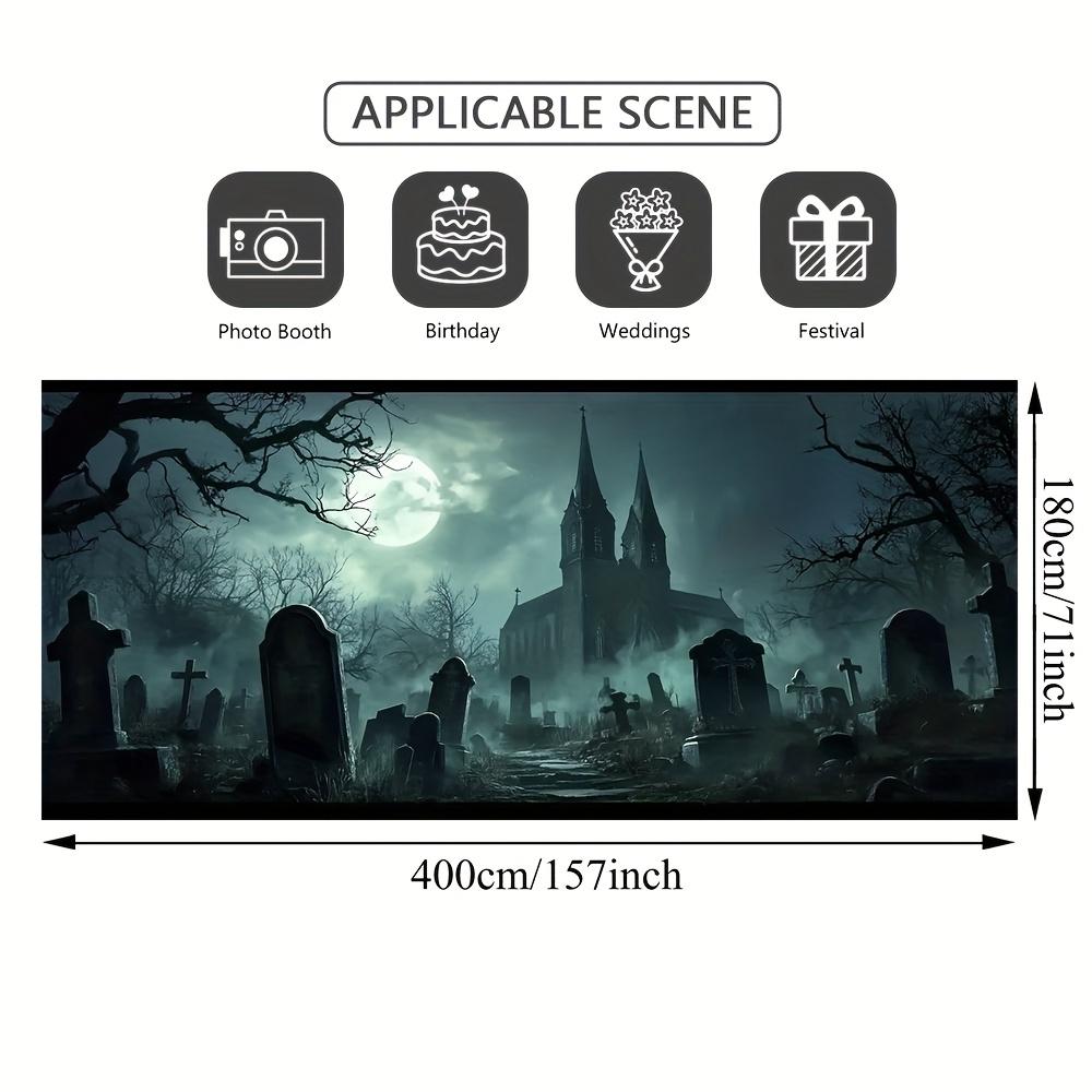 A Halloween cemetery night scene garage door banner - with a full moon and Gothic church designzyc
