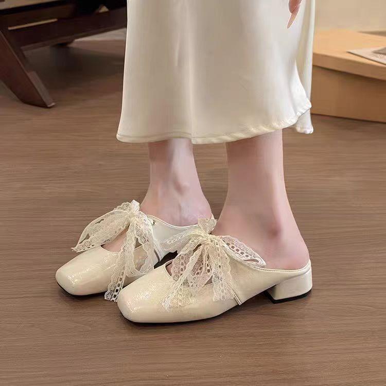 Баотоу полушлепанцы женские 2025 новые летние на толстом каблуке французские сандалии женские квадратный носок с кружевом мюли одинарная обувь