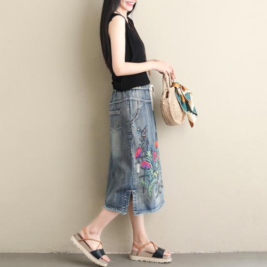 Женская юбка миди с эластичным шнурком на талии, вышитым цветочным узором, джинсовая юбка с карманами, боковые разрезы по низу юбки