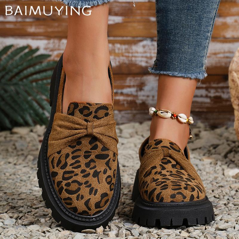 Женские туфли-лоферы на платформе с леопардовым принтом, замшевые туфли на толстом среднем каблуке, дизайнерская обувь в стиле ретро 2025 года, зимняя мода, новинка, женские туфли