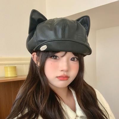 Новая шляпа из ПУ кожи для женщин, японский ретро берет с милыми кошачьими ушками, осенняя универсальная восьмиугольная шляпа художника