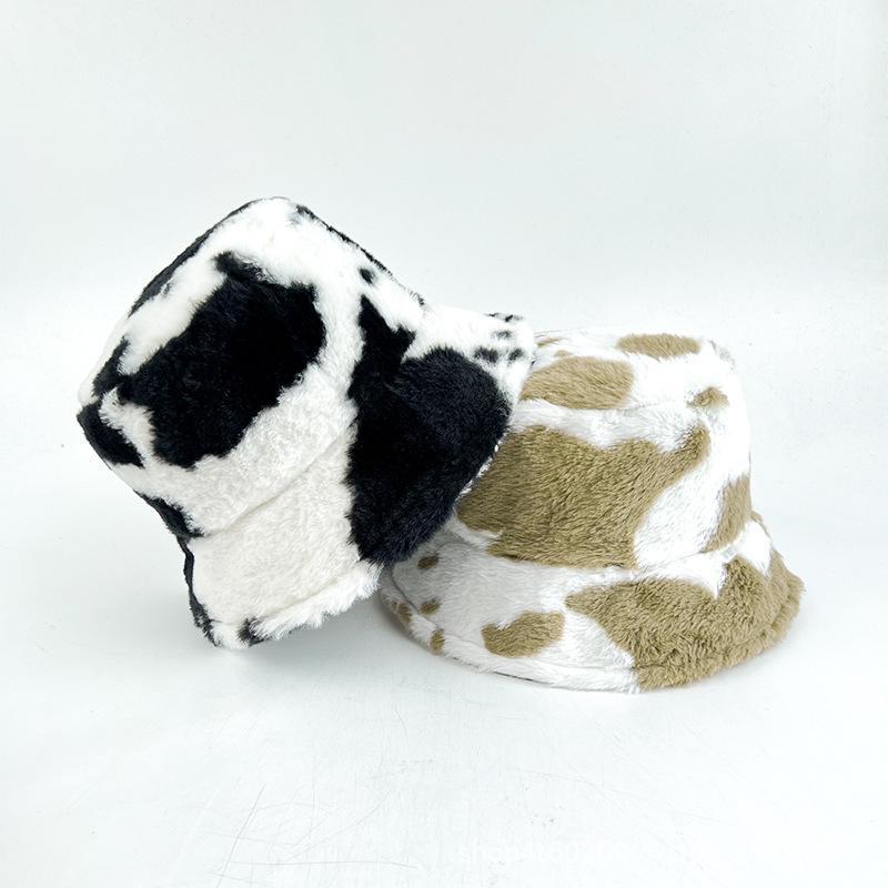 Autumn and Winter Hat Female Sweet Cute Cow Plush Bucket Hat Big Head Circumference Warm Thickened Plush Basin Hat Bucket Hat