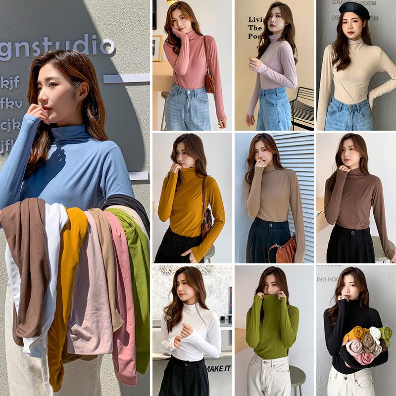 Женская водолазка из модала, футболка с длинным рукавом, весна-осень-зима, однотонный эластичный обтягивающий топ