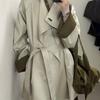 Womens Mid-Length Trench Coat Loose Fit Slimming British Style Contrast Color Tie Belt Fall Outerwear