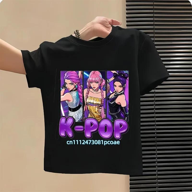 Summer Kpop Popular Cartoon Print Childrens Design Casual Harajuku Style Round Neck Short Sleeved Top Fans Gifts Kids Clothes