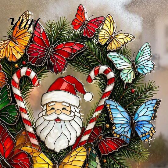 Creative Window Stickers for Home Christmas Wreath Sticker, Stained Glass Style, Removable Santa Butterfly Candy Cane Party Decor Decal, PVC