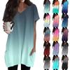 Womens Tops V-neck Short Sleeve Blouses Casual Mid-length Shirts Fashion Print Tunic Tops With Pockets