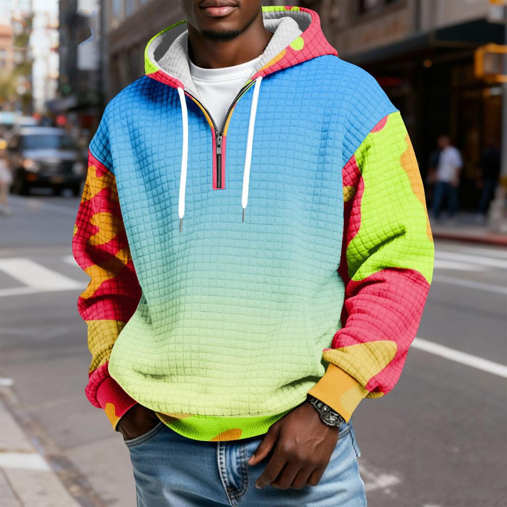 Мужской худи-пуловер в клетку с капюшоном на молнии до середины, со шнурком и принтом, повседневная спортивная толстовка