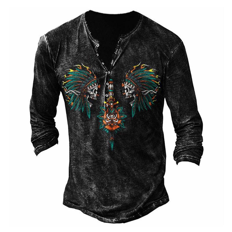 Мужская винтажная рубашка henley с длинным рукавом - Ретро-футболка с графическим принтом и пуговицами