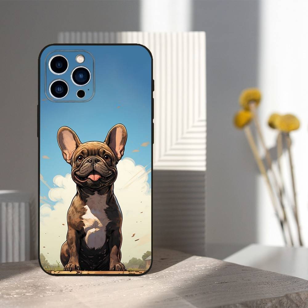 Французский Бульдог Арт Чехол для iPhone 15,16,12,14,17,13,11,Plus,Pro Max,8,7,XR,SE,XS,X,Mini,Мягкий Силикон Черный