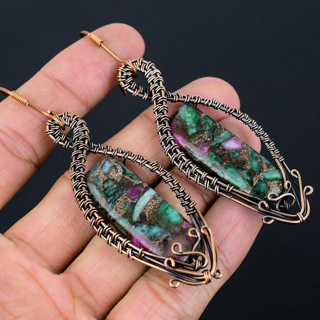 Ruby Zoisite Lab-Created Handmade Copper Wire Wrap Jewelry Earring 3.54 E7z18