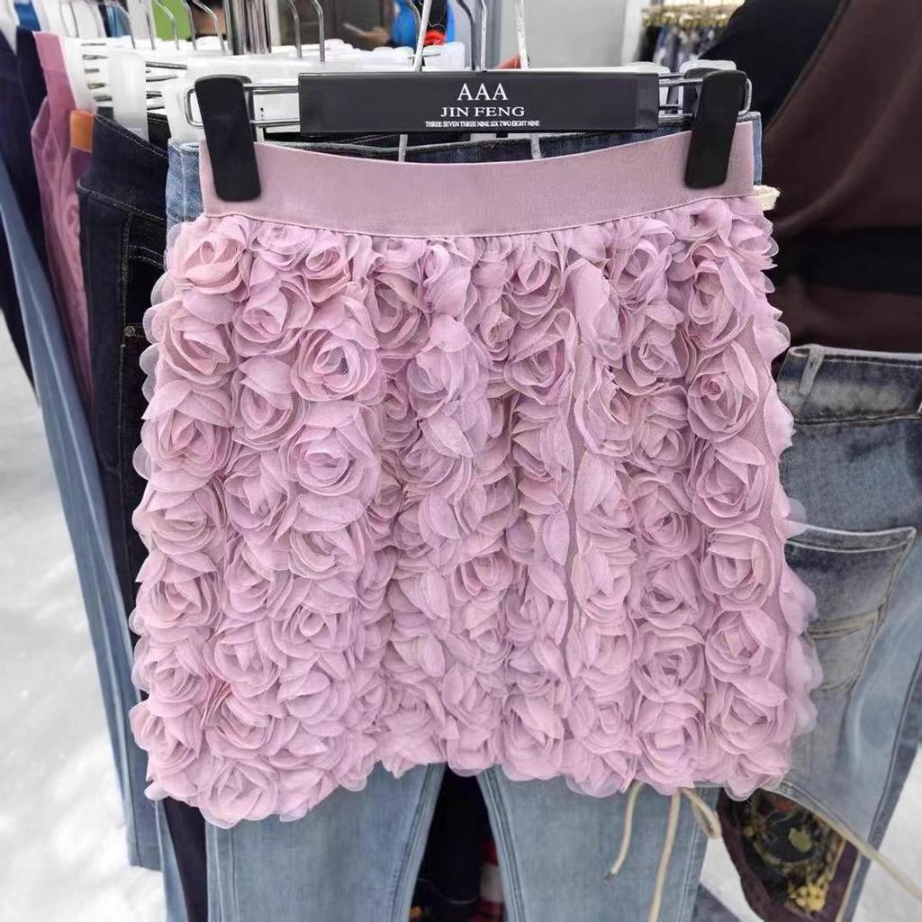 Женская европейская и американская A-силуэтная юбка с 3D-розами: Элегантная короткая юбка для похудения