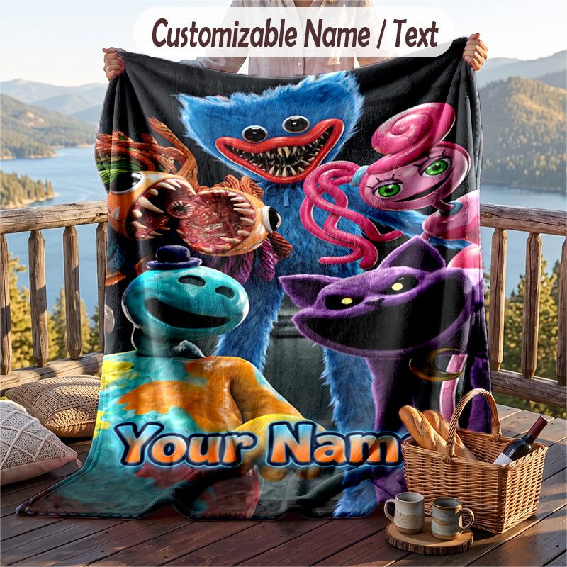 Poppy Playtime Flannel Blanket, Personalized Custom Name Text, Soft Warm Plush Throw Blanket For Gift