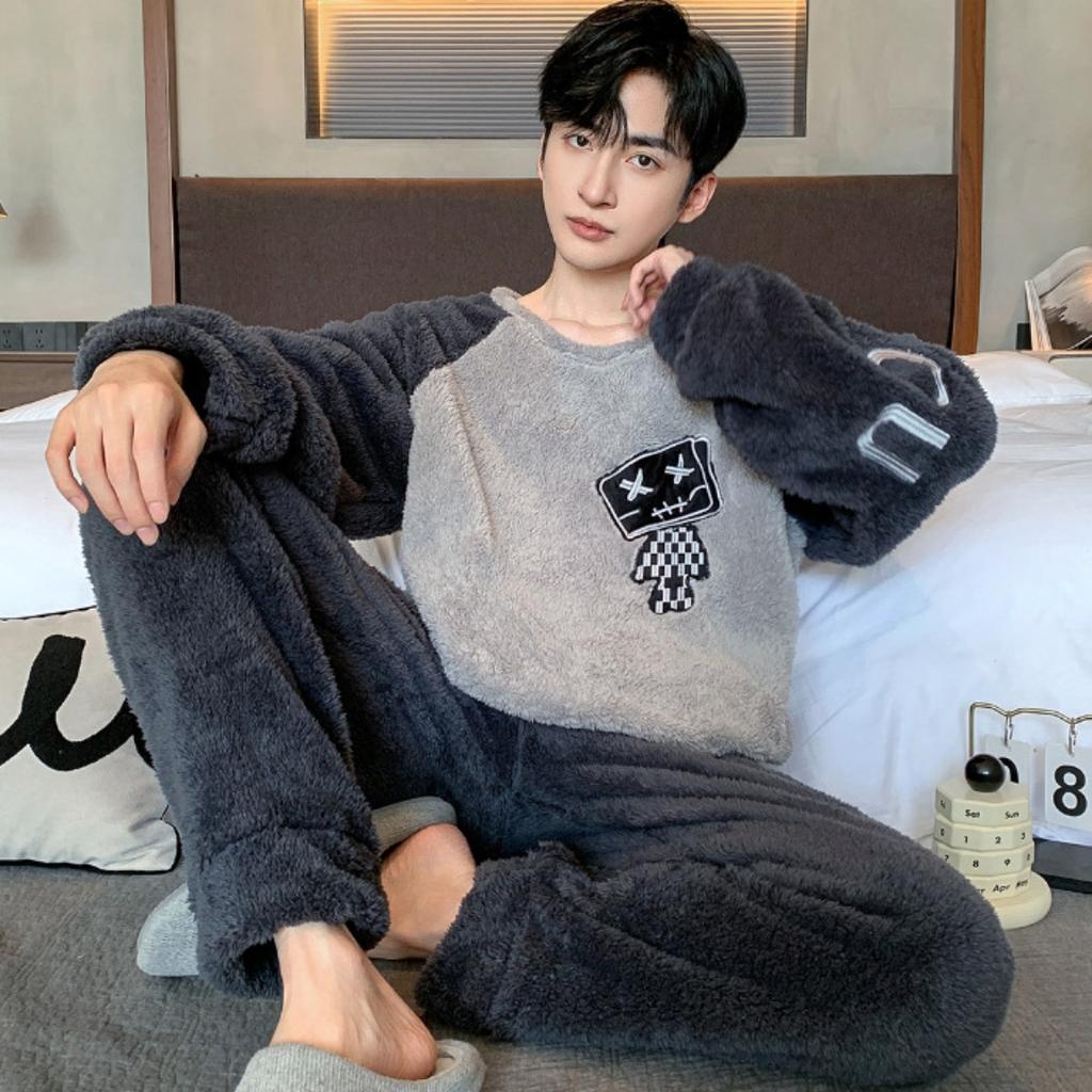Зимняя одежда, коралловый флис, пижамы, мужская одежда, утепленный флис, круглый вырез, брюки с длинными рукавами, костюмы, домашняя одежда