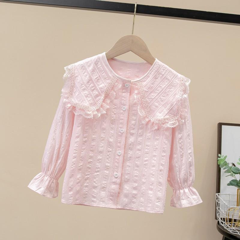 Spring 2024 Girls' White Long Sleeve Shirt with French Lace Collar