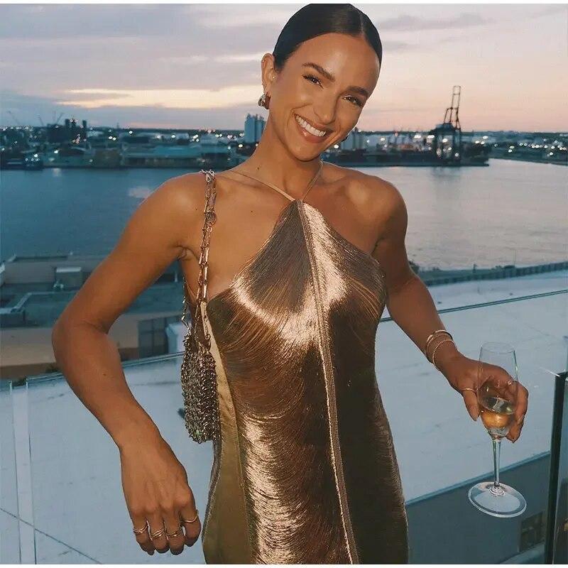 Женское элегантное блестящее металлическое платье-миди с лямкой на бретельках, женское облегающее платье без рукавов с открытой спиной, длинные платья, женские вечерние клубные вечерние халаты