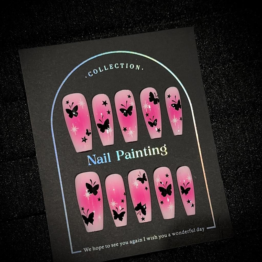 1PC Pink and black butterfly press-on nails with a "sweet-meets-edgy" vibe; handcrafted, premium-quality, reusable press-on nail set.
