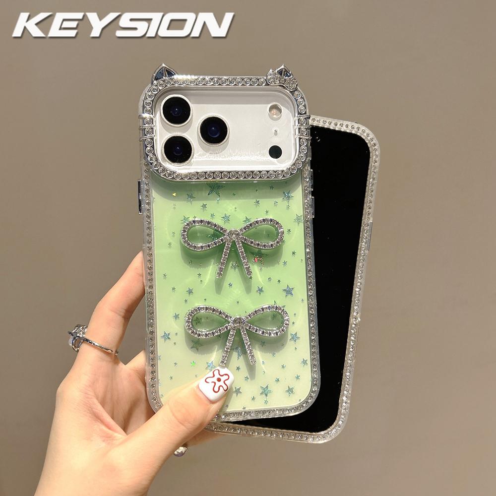 KEYSION Милый 3D Чехол для телефона с кошачьими ушками, прозрачный, для iPhone 12 13 Pro Max 11, с блестками, украшенный драгоценными камнями, с бантиком, противоударная задняя крышка