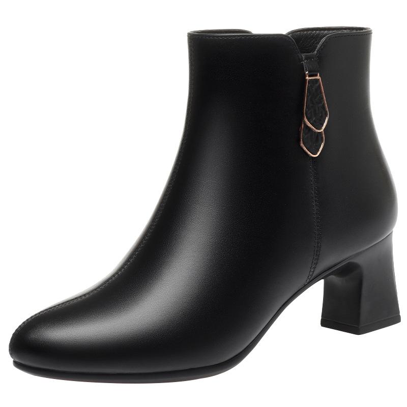 Женские ботильоны на толстом каблуке Модные ботинки на среднем каблуке Осенне-зимний стиль Кожаная обувь Плюс Бархатные ботинки