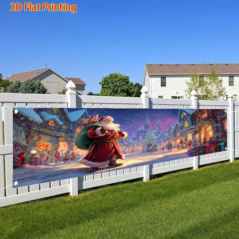 Christmas Fence Banner, Santa Gifts Gingerbread House Print, Outdoor Yard Garden Decor