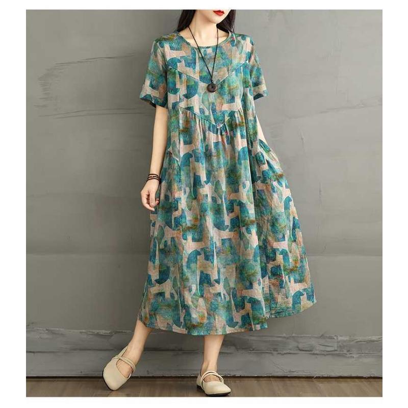 Летнее ретро платье из хлопка и льна с круглым вырезом и короткими рукавами, женская свободная юбка