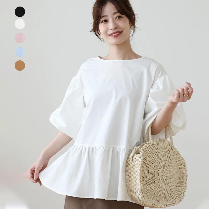 Summer Crew Neck Cotton Shirt Women's Balloon Sleeve Design Sense Niche Shirt