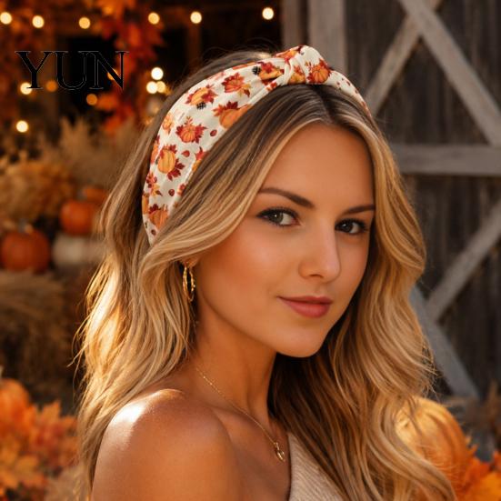 Thanksgiving Fabric Hairband Fall Knotted Headband for Women, Pumpkin Maple Leaf Headband, Versatile Commuting And Outdoor Play Wide Brim Hair