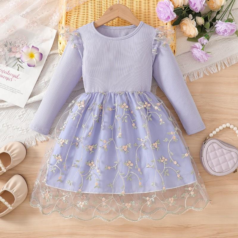 Girls Long Sleeve Princess Dress Floral Mesh Ruffle Kids Casual Party