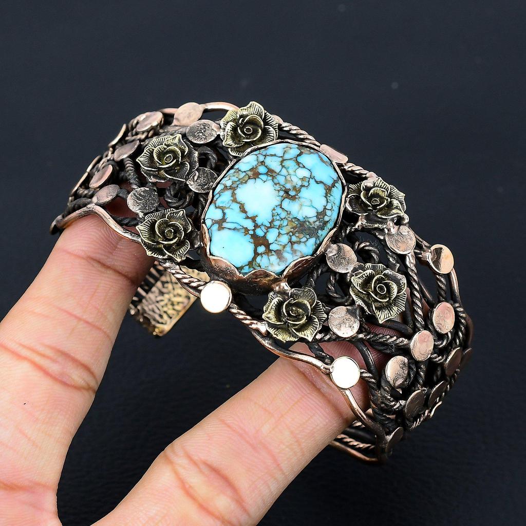 Тибетский бирюзовый драгоценный камень, чистая медная проволока, завернутая в манжеты/браслет ручной работы, регулируемые ювелирные изделия