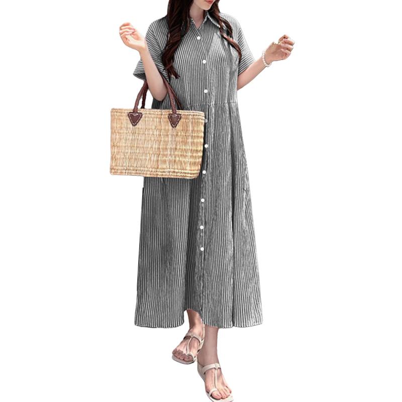 ZANZEA Женское летнее повседневное платье в полоску с отложным воротником и короткими рукавами