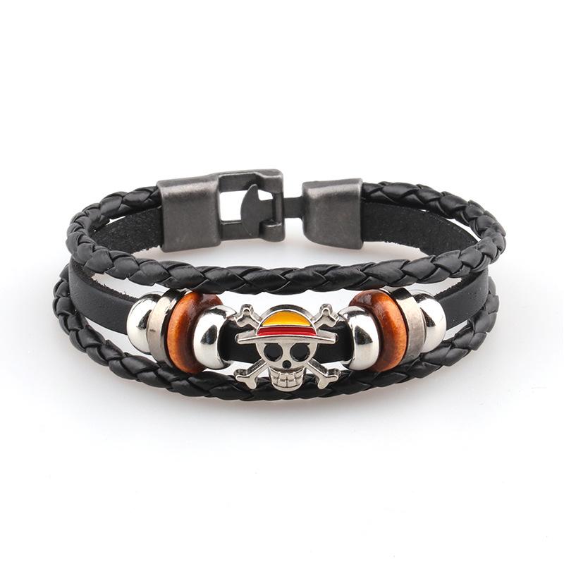 One Piece Луффи Мужской кожаный браслет с черепом и деревянными бусинами