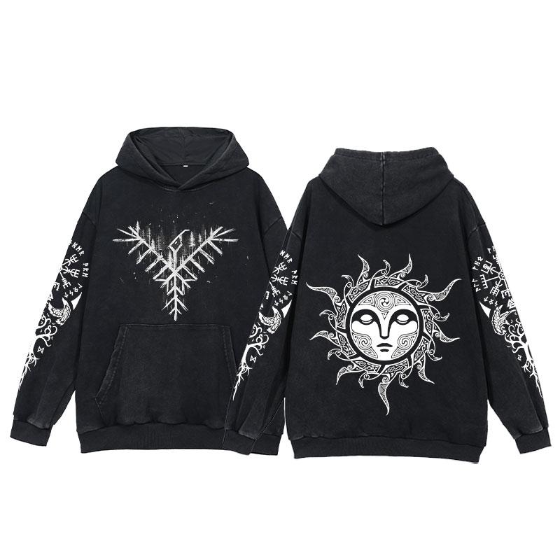 2024 Viking Hoodies Men Tattoo Print Acid Wash Hoodie Cotton Loose Long Sleeve Pullover Vintage Oversized Casual Hooded Sweatshi