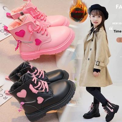Короткие ботинки для девочек Детские короткие ботинки Кожаные ботинки Love в британском стиле Одинарные ботинки Теплые ботинки для девочек из бархата