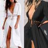 Women Solid Color Hollow Smock Long Bikini Cover Up Lacing Cardigan Beachwear