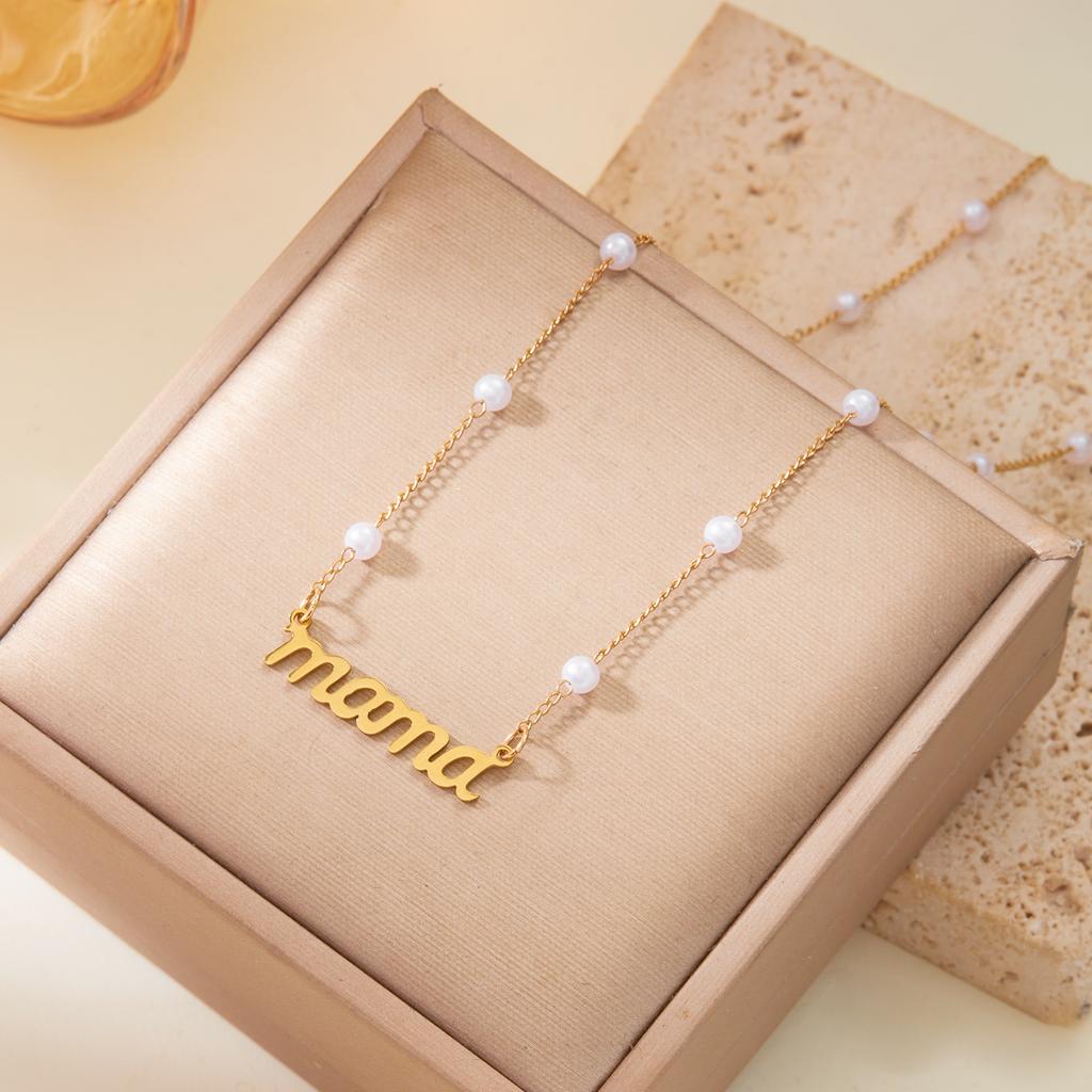 New Elegant Mother's Day Imitation Pearl Bracelet Charm Mama Letter Pendant Stainless Steel Bracelet for Women Jewelry Mom Gift