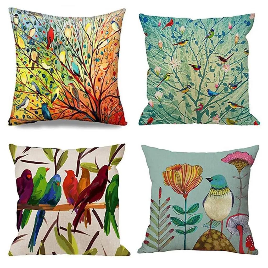 Branch Bird Flower Linen Pillowcase Sofa Cushion Cover Home Decoration Can Be Customized for You 40x40 50x50 60x60 45x45