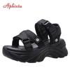 Fashion Aphixta 2025 Buckle Height Increaming Canvas 6.5cm Wedge Heel Platfom Sandals Women Shoes Black Thick Bottom Slides