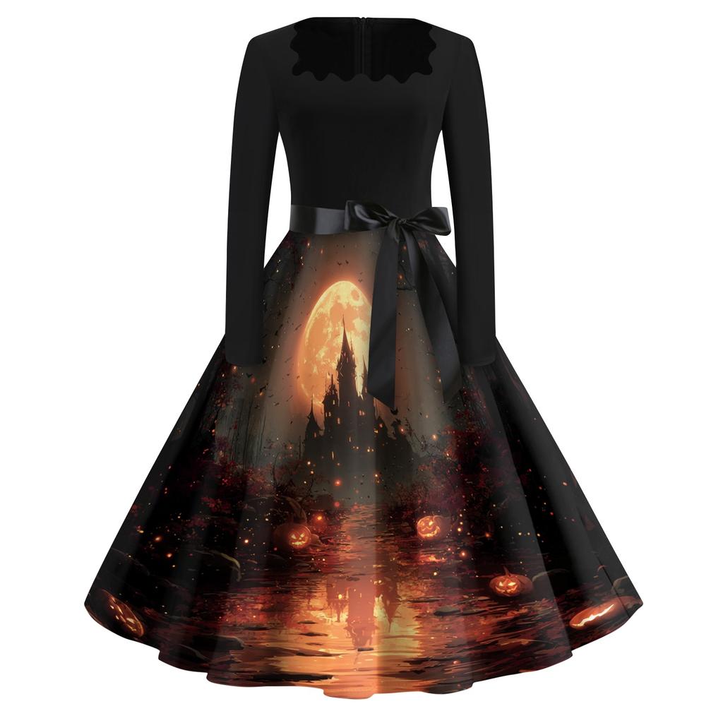 Women Casual Halloween Dress Long Sleeve Square Neck Vintage Style Fit Flare Dress with Spider Web Print and Waist Tie Belt