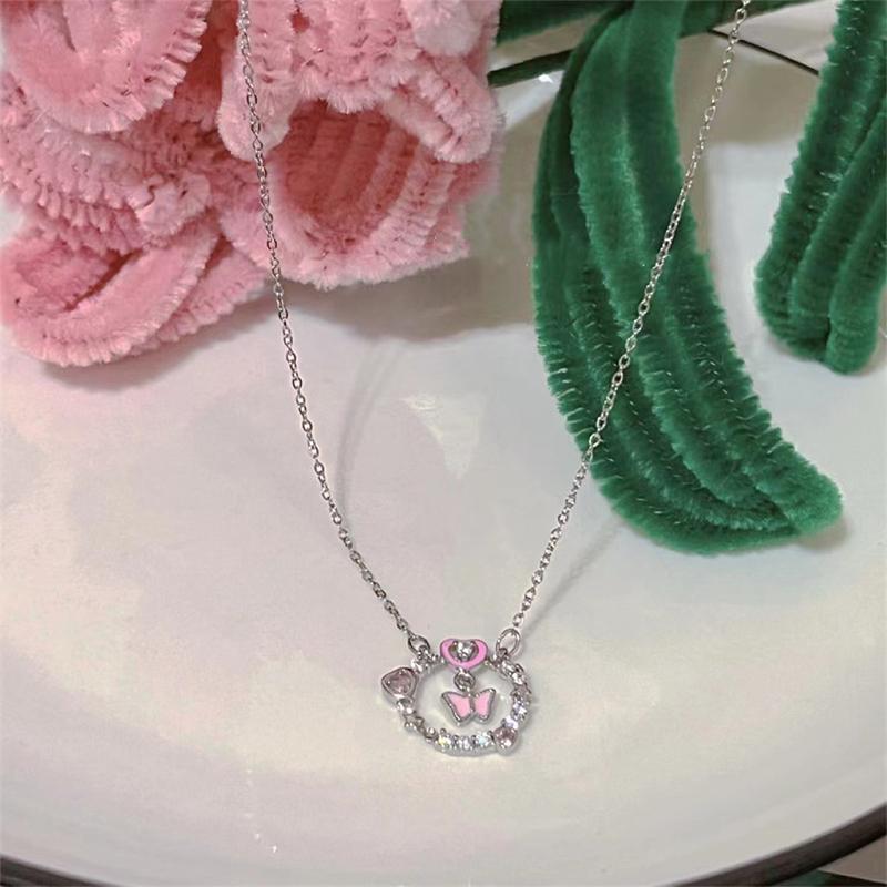 Light Luxury Shiny Zircon Butterfly Pink Heart Necklace For Women Exquisite Round Pendant Clavicle Chain Girl Party Jewelry Gift