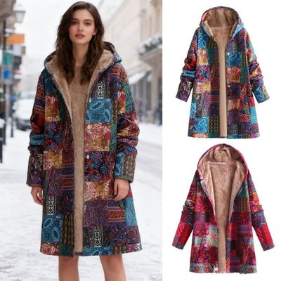 Винтажное этническое пальто с шерстяной подкладкой для женщин, длинный рукав, цветочный принт, флисовая куртка, осень-зима, на молнии, с капюшоном, верхняя одежда