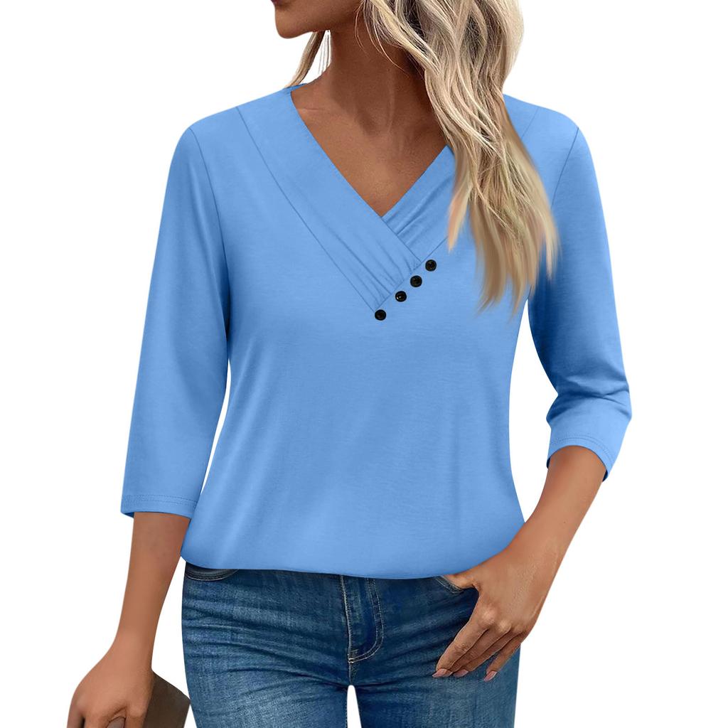 Womens 3/4 Sleeve Daily Weekend V Neck Casual Printed Tshirts Loose Fit Pleated Tees Button Down Shirts