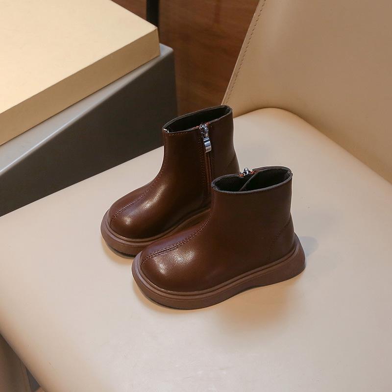 Winter Autumn Children Short Boots Girls Leather Boots Boys Pure Color Autumn Boots Baby Warm Soft Cotton Shoes