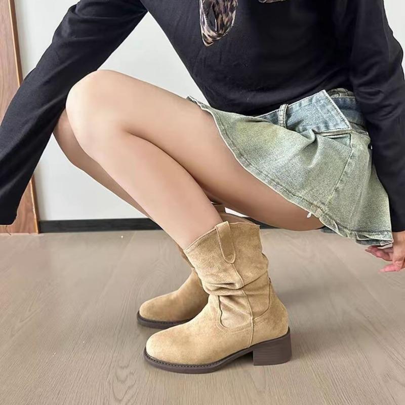 New Maillard Fashion Boots Autumn Vintage Suede Martin Boots Small Skinny Pleated Pile Boots
