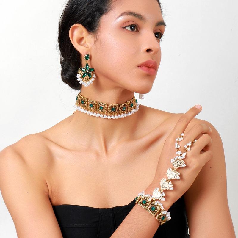Vintage floral tassel bracelet, earrings, and necklace set - bohemian ethnic jewelry