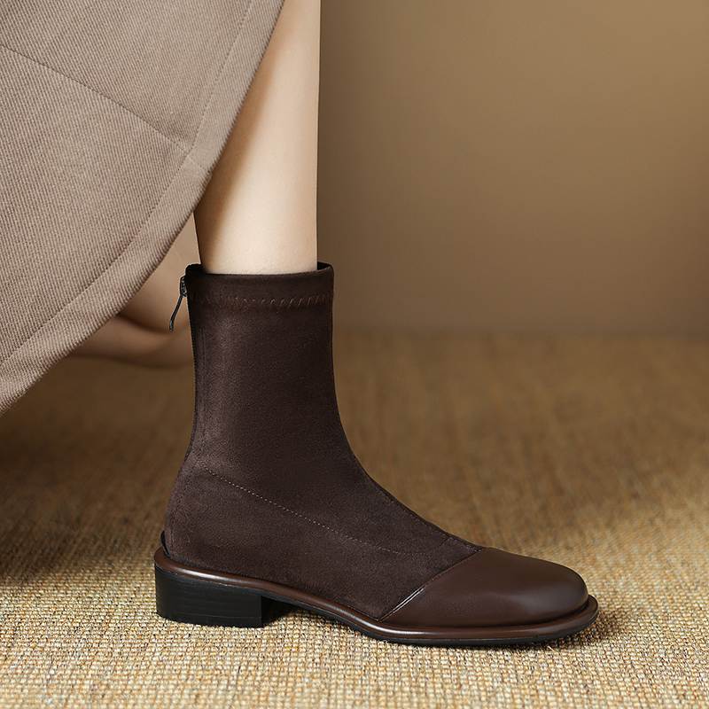 Krazing Pot Флок Осенне-зимняя обувь Низкий каблук Размер 43 Стрейч-сапоги Задняя вставка Прямой стиль Эластичные ботильоны