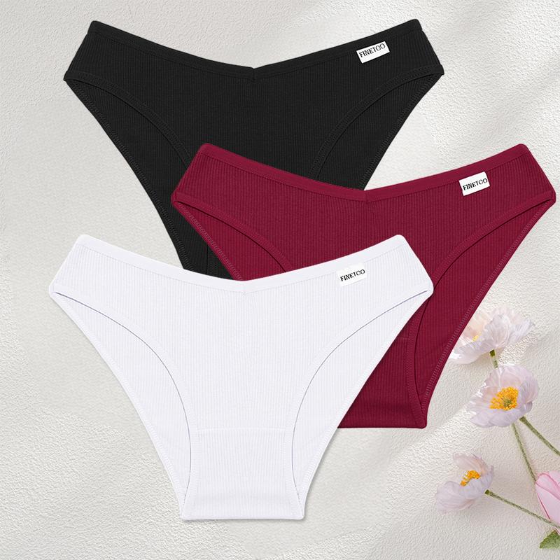 FINETOO 3Pcs/Set Sexy Low Waist Cotton Panties M-3XL Ribbed Breathable Briefs Underwear for Women Gym Fitness Casual Lingerie