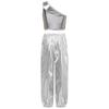 Girls Party Performance Outfit One Shoulder Sleeveless Metallic Vest Shiny Pants Dance Costume Stage Set