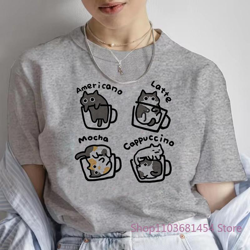 Female T Shirt Cat Coffee Pure Trendy Summer Slim Short Sleeved T-shirt Women Mocha Latte Cat Fun Cat Top Tees