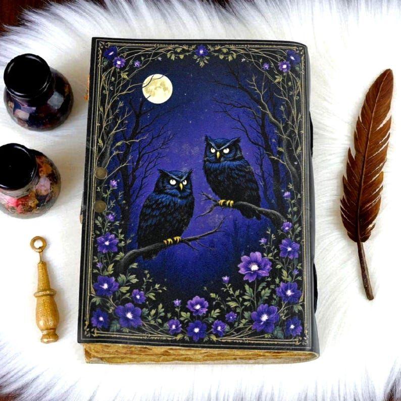 Гримуар Черной Совы – Кожаная Книга Теней | Ведьмовская Книга Заклинаний | Дневник Лунной Магии Ручной Работы | Тетрадь для Таро